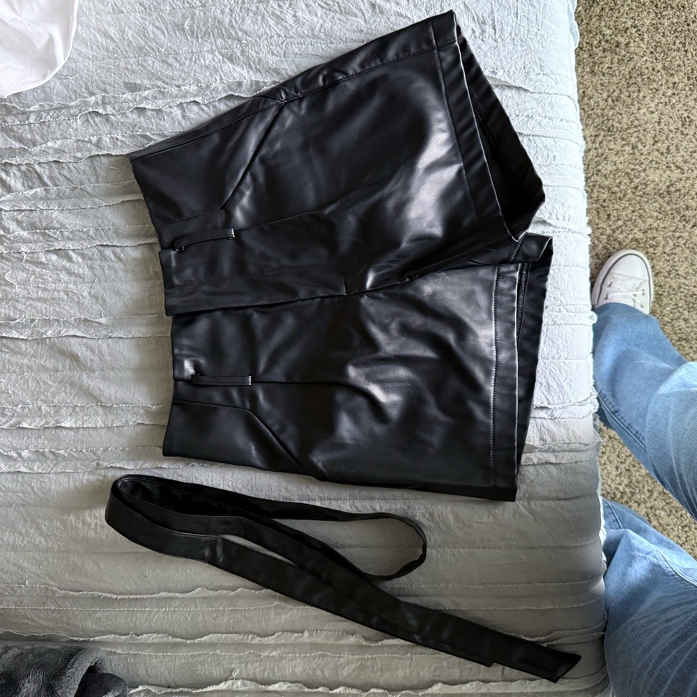 Black Faux Leather Shorts with Belt
